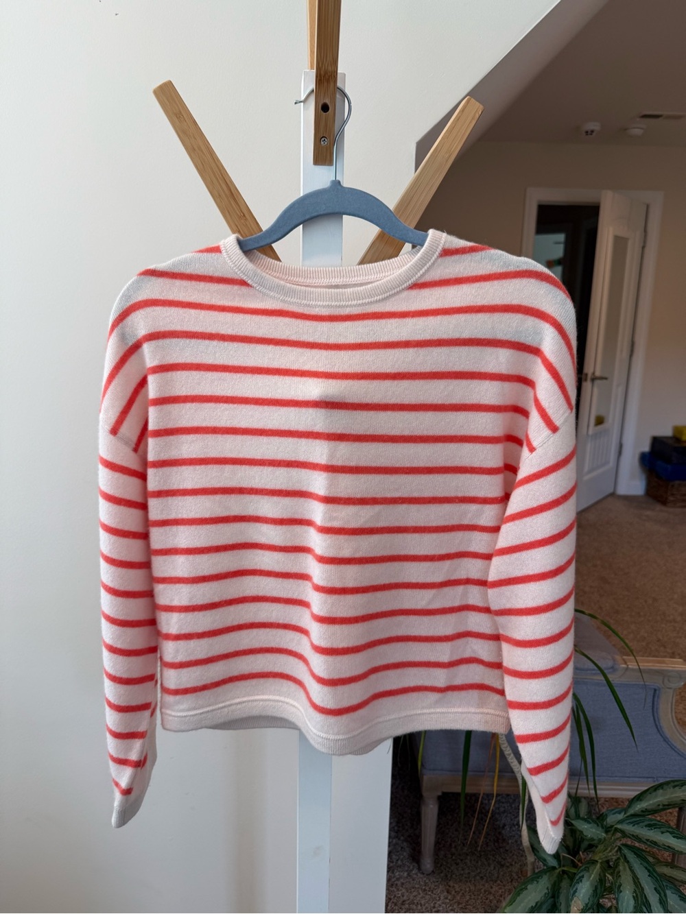 Joie Cream and Coral Striped Crewneck Sweater
